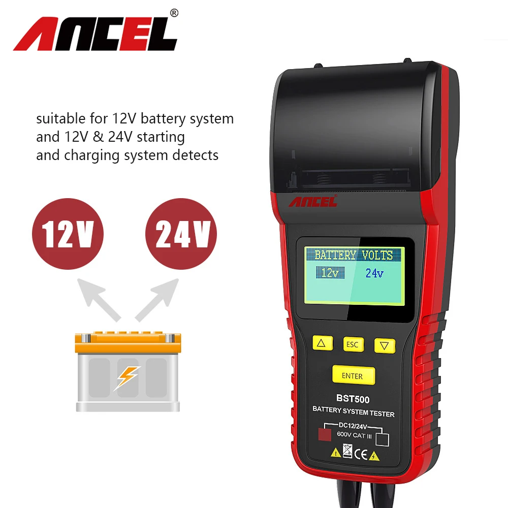 Ancel BST500 Battery Tester with Printer 12V 24V Car Load Charging Cranking Test Heavy Truck Battery Analyzer BCI CA MCA