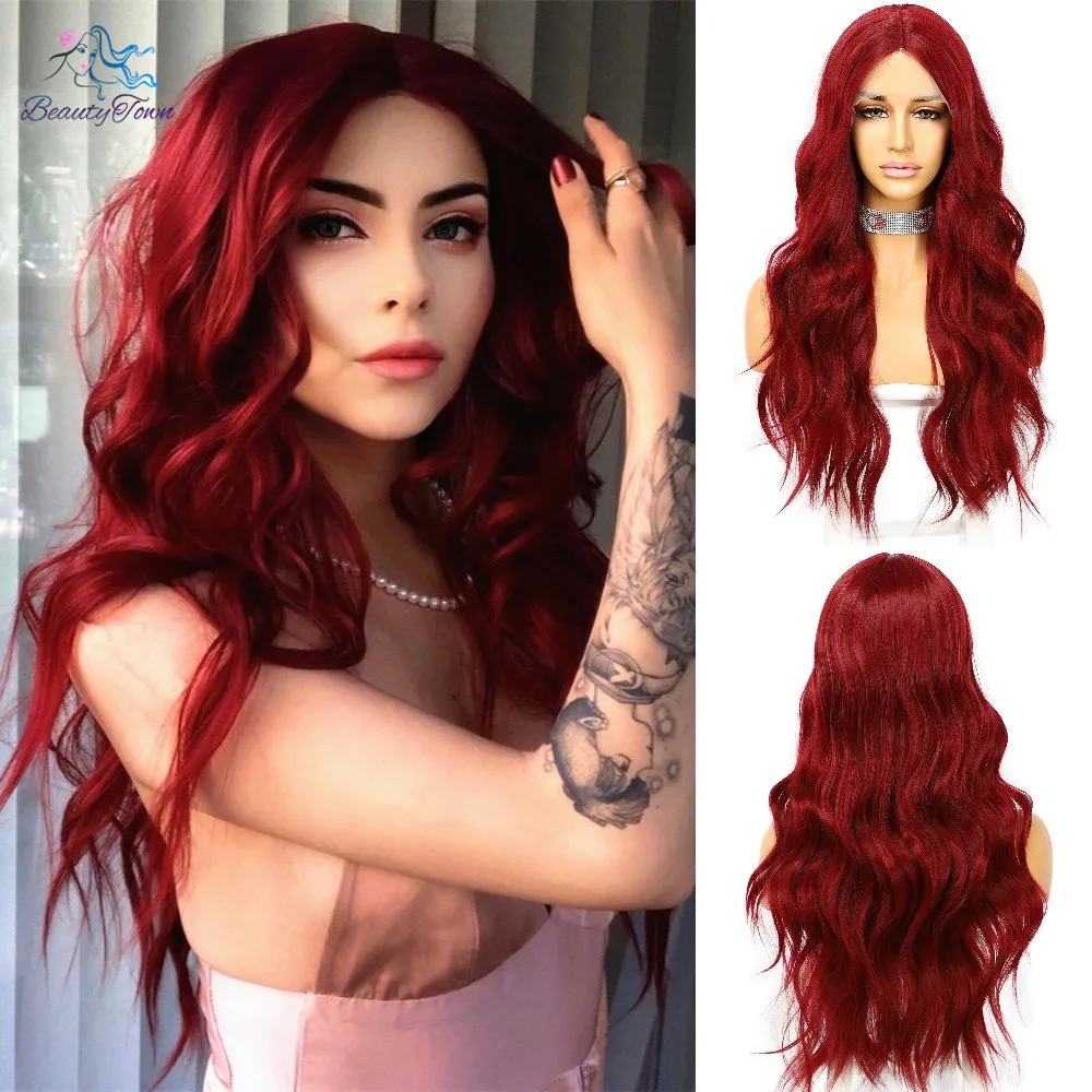 

Synthetic Long Wavy Red Purple Lace Wig for Women Daily Makeup Cosplay Party Wedding Heat Resistant Fiber Natural looking Wig