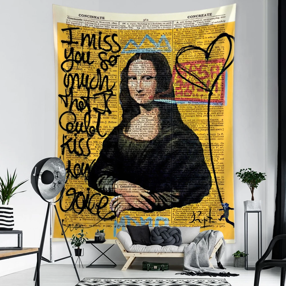 Mona Lisa Graffiti Tapestry Wall do powieszenia w stylu Boho psychodeliczny czary Hippie Tapiz sypialnia ozdoby do dekoracji wnętrz