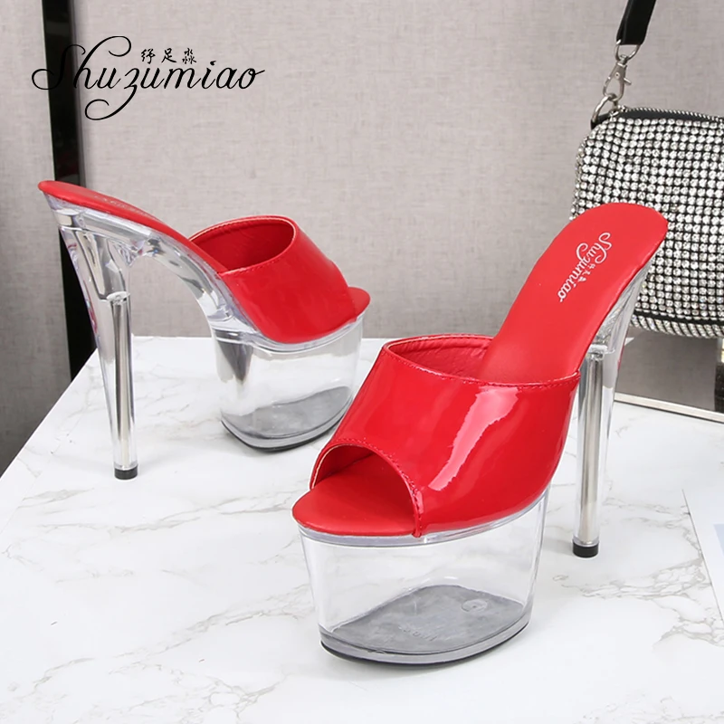 Shuzumiao 2023 Summer New Slippers Women High Heels 16.5CM Transparent Platform Thin Heels Sandals Female Party Pole Dance Shoes