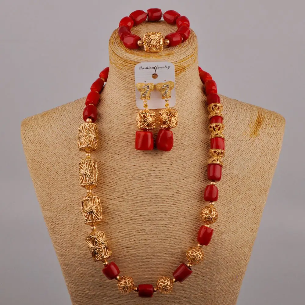 Red Natural Coral Necklace Bridal Wedding Beads Nigerian Female Wedding Jewelry African Banquet Clothing Accessories Set AU-434