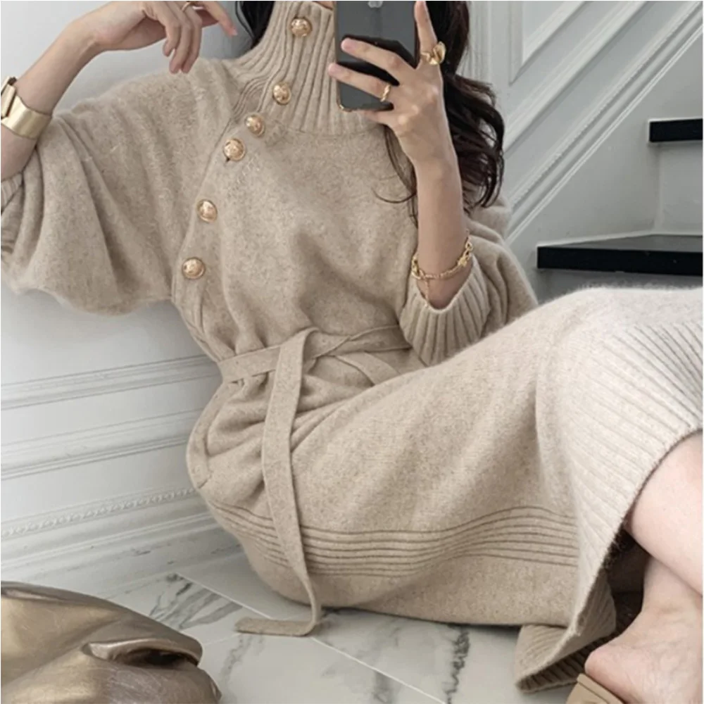 Winter Solid Knitted Sweater Dress Turtleneck Full Sleeve Elegant Midi Dress Buttons Dresses for Women Vestidos