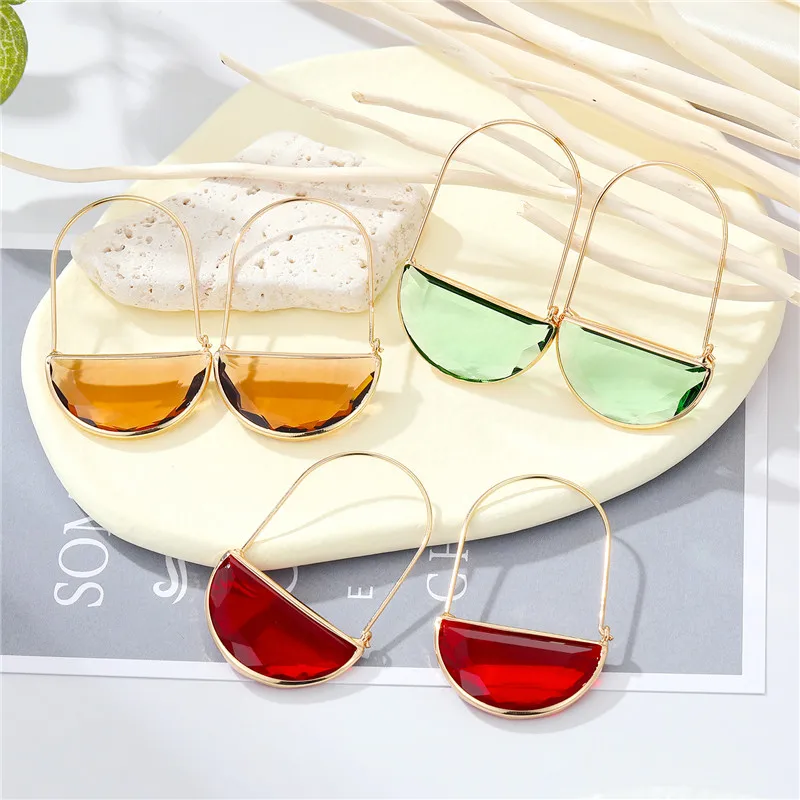 Rainbow Metal Irregular Crystal Drop Earrings Trendy Unique Fan Shaped Geometric Semicircle Earrings For Women Gift Jewelry AE10