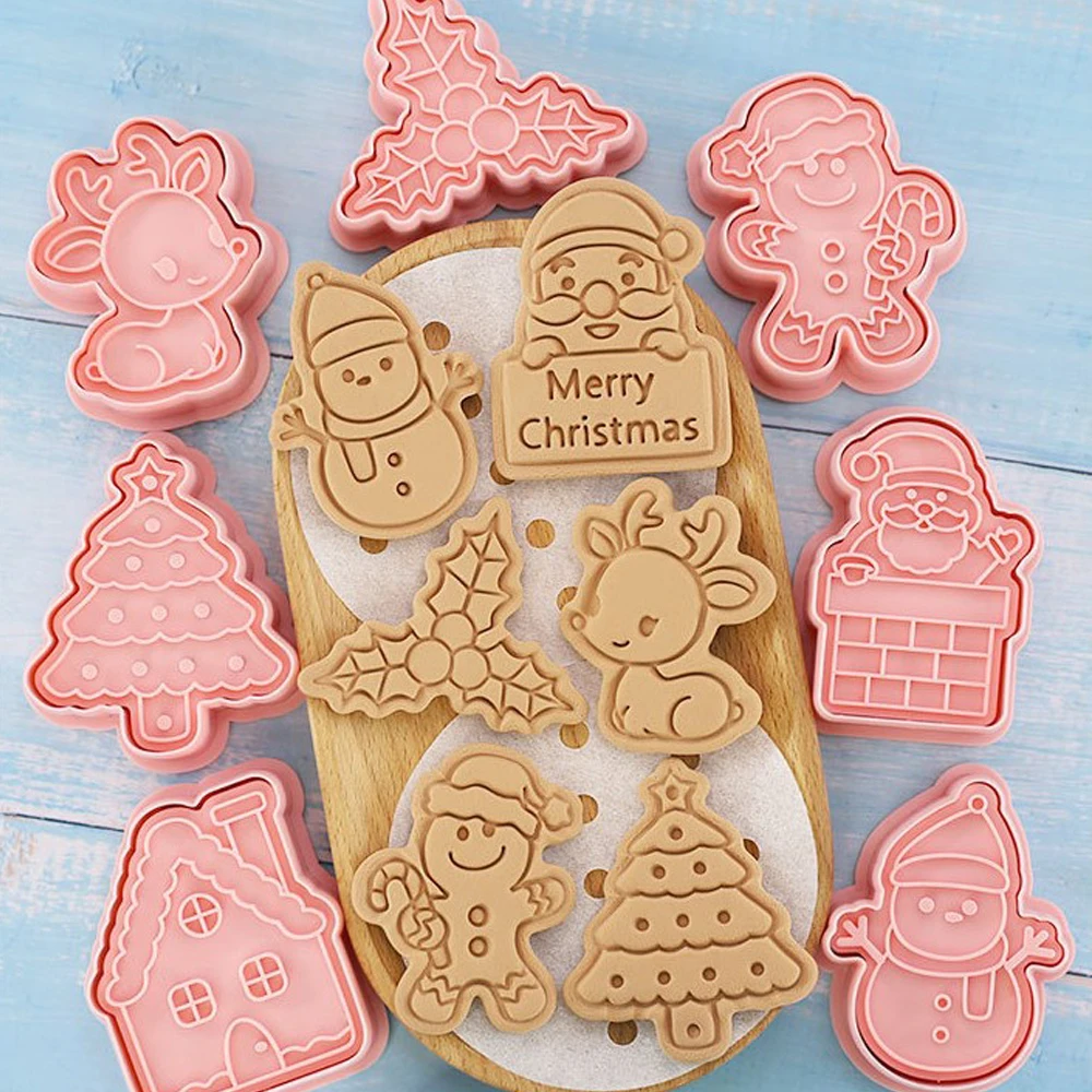 Molde de galletas de Navidad, herramientas para hornear, Papá Noel, muñeco de nieve, árbol, alce, lindo patrón, sello de galletas, presión, Fondant, Sugarcraft, 8 piezas por juego