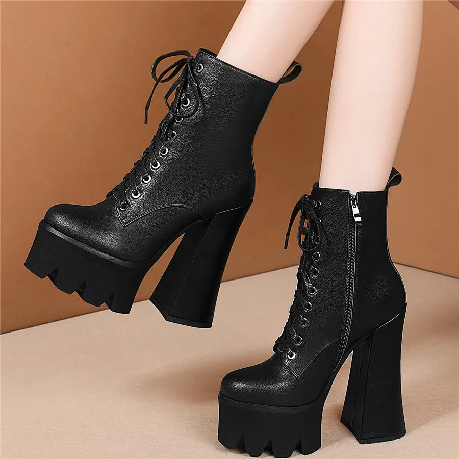 

Chunky Platform Pumps Shoes Women Genuine Leather Super High Heel Motorcycle Boots Female Lace Up High Top Round Toe Ankle Boots