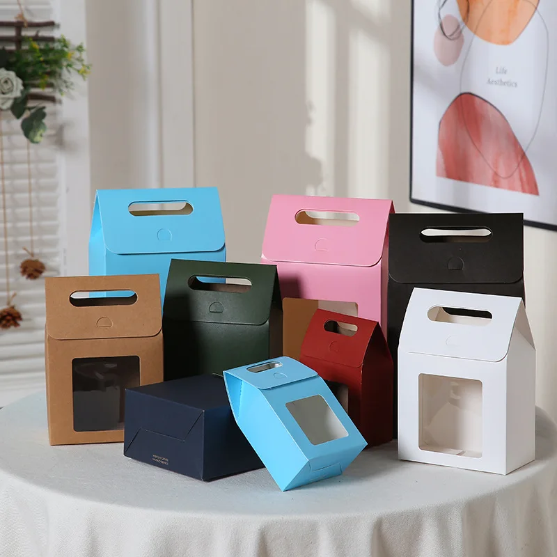 10pcs Solid Color Gift Box Simple Open Window Portable Self-Supporting Kraft Paper Gift Box Party Gift Packaging Decoration