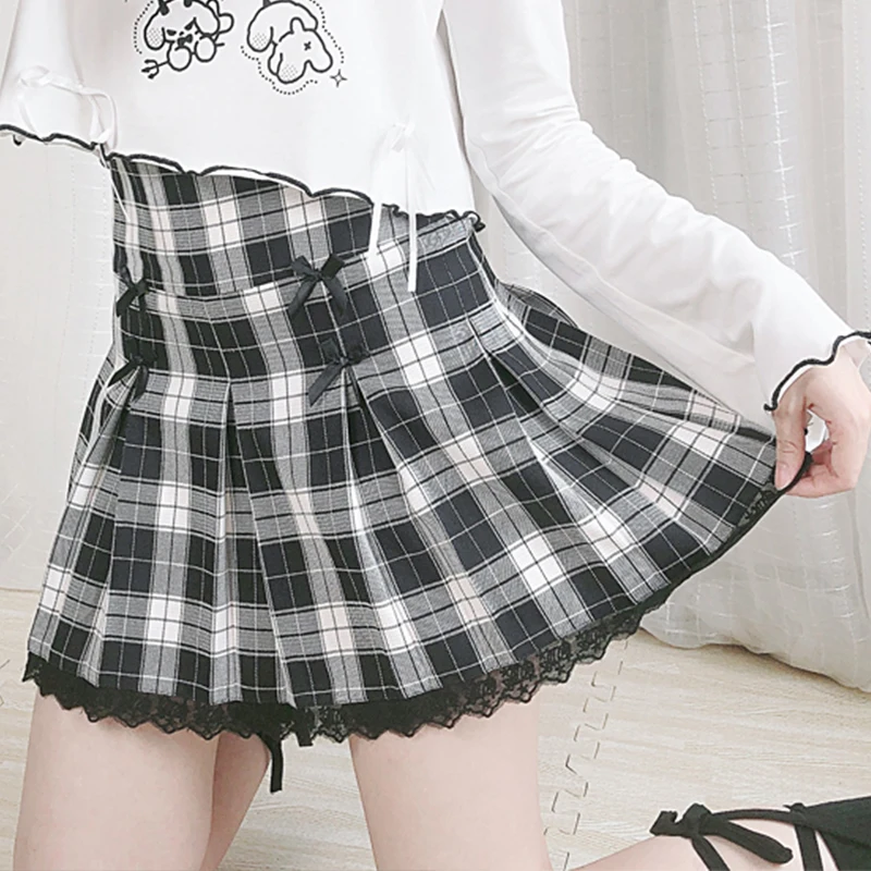 Harajuku Fashion Kawaii Pleated Mini Skirt Girls Gothic Black Punk Lace Lolita Plaid Korean Cute Short Japanese School Uniform