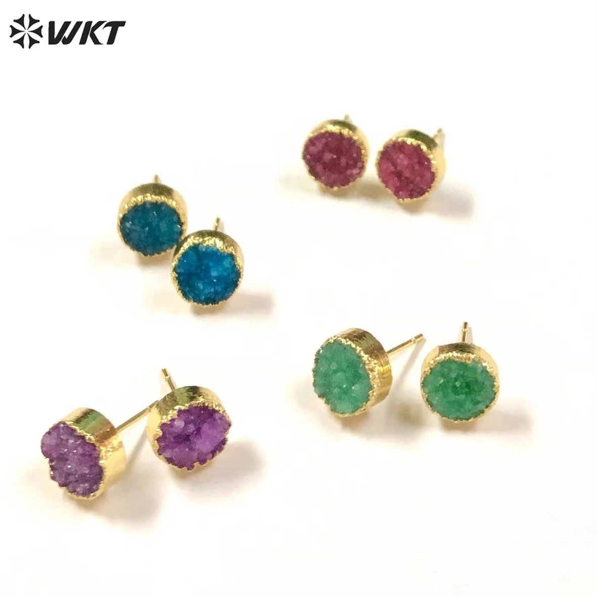 

WT-E155 Hot fashion spring sale 10mm Round Druzy Stud for women gold electroplated natural stone quartz lady studs