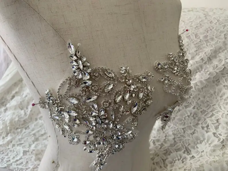 Rhinestone Bead Applique Crystal Bodice Patch Heavy Bead Bandmade