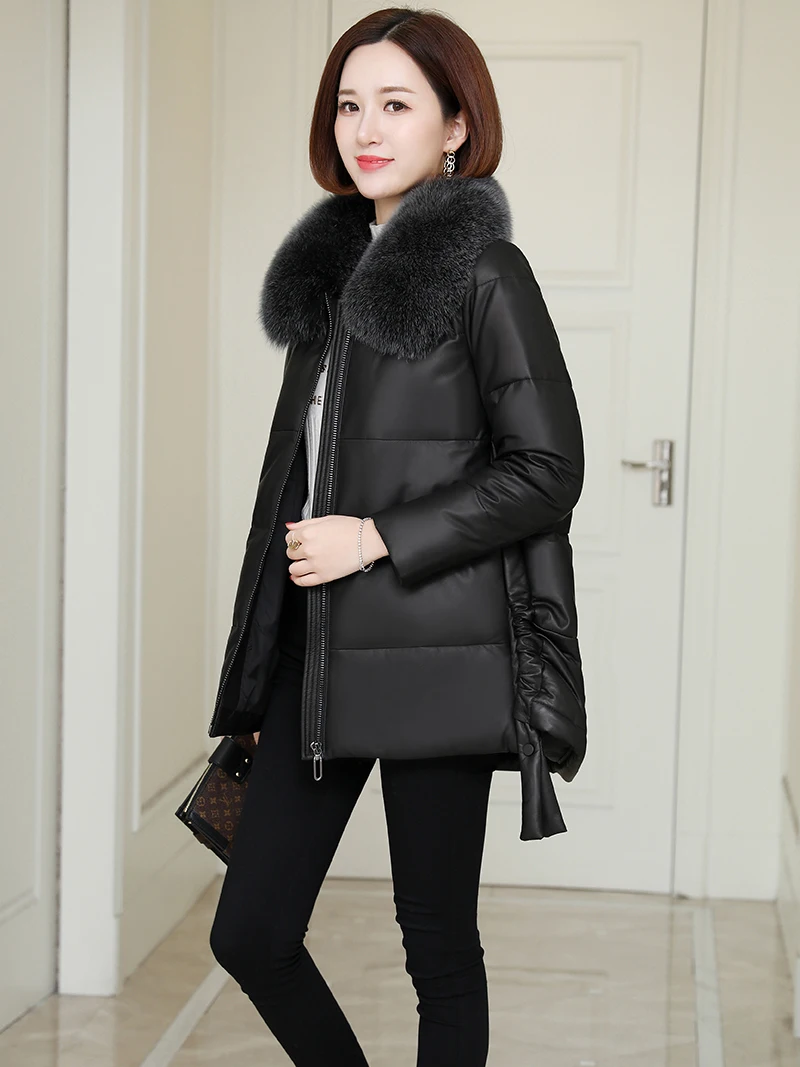 

100% Genuine Leather Jacket Women Winter Real Fox Fur Collar Sheepskin Duck Down Coat Female Korean Leather Jackets 2099