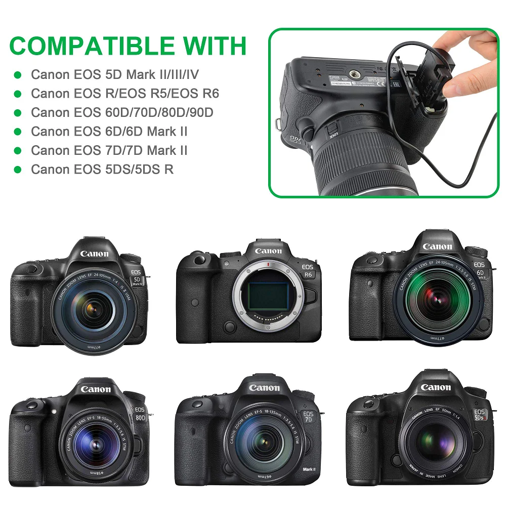 ACK-E6 DR-E6 Adaptador de corriente alterna de repuesto LP-E6 Kit de acoplador de batería simulada para Canon 80D, 70D, 60D, 90D, 6D, 7D, 7D Mark II, 6D Mark II, 5D Mark II, 5D Mark IV, 5D Mark III , cámaras EOS R5,etc