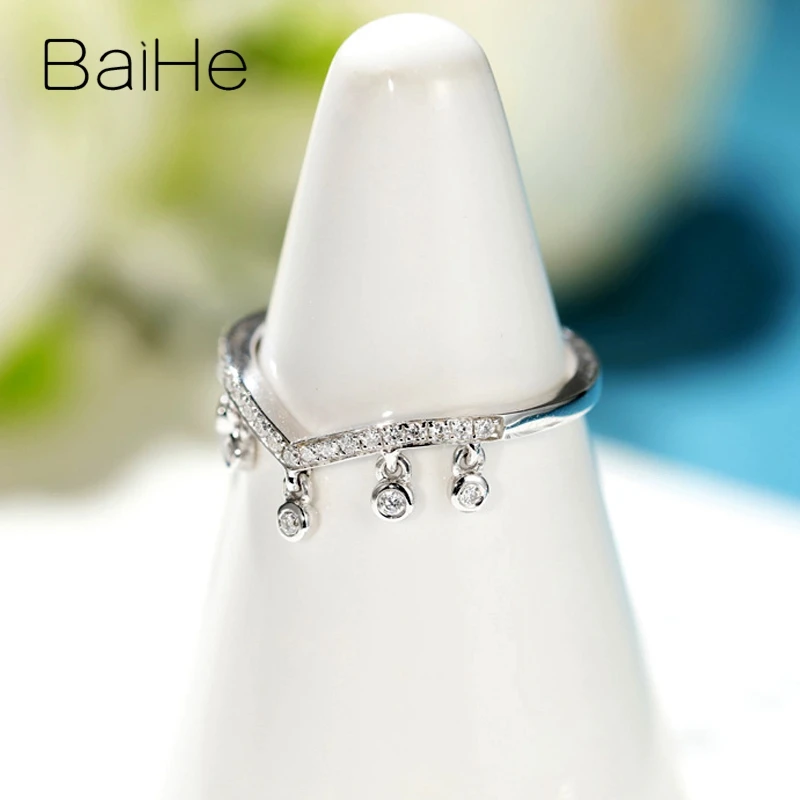 BAIHE Solid 14K White Gold H/SI Natural Diamond V-Shaped Match Ring Women Wedding Trendy Fine Jewelry Making V-förmiger Ring