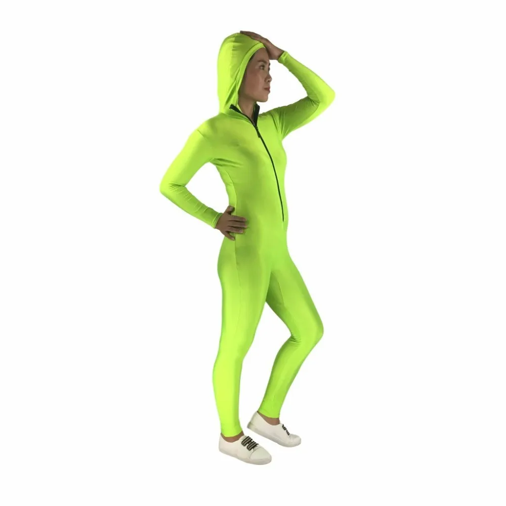 Fluorescerende Groene Zentai Pak Dans Unitard Spandex Lange Mouwen Volledige Bodysuits Catsuit Dragen Huid Hooded Panty