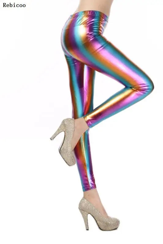 Womens Hologram Metallic Rainbow Leggings Glitter Neon Stripes Printed High Waist Pants Faux Leather Party Clubwear