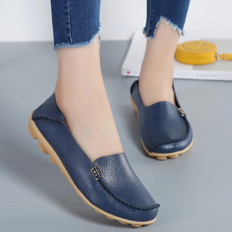 Mocasines planos de piel auténtica para mujer, zapatos sin cordones, Ballet, pajarita, 35-44 talla grande, novedad de 2022