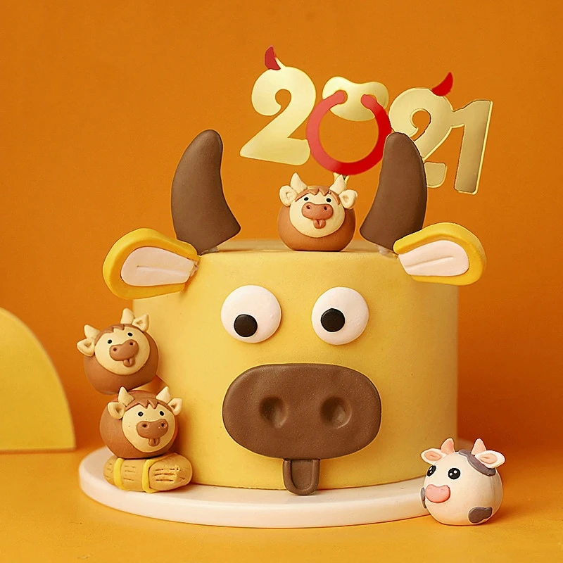 Cake Topper Baking Birthday Decoration Baking Baby Shower Soft Pottery  Dumpling Milk Cow Coffee Calf Expression Package Plug-in