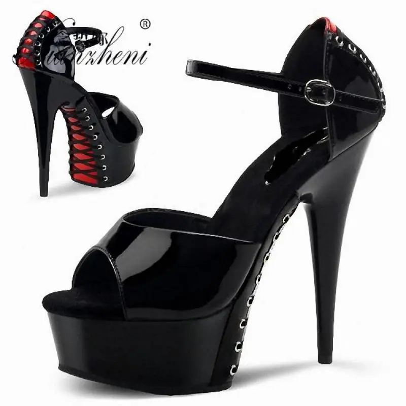 15CM High Stripper Heeled Thick Platform Sandals Mixed Colors Big Size Fetish 6 Inches Nightclub Pole Dance Shoes Gothic PeepToe