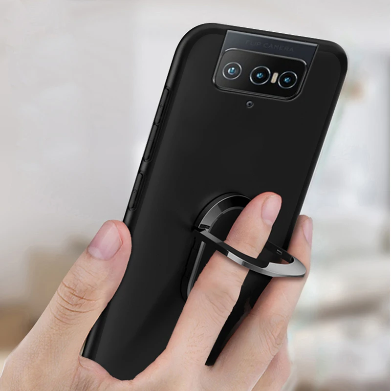 Asus ZenFone 7 Pro Case Luxury Soft Black Silicone Magnetic Car Holder Ring Phone Cover for Asus ZenFone 7 Pro ZS671KS Fundas