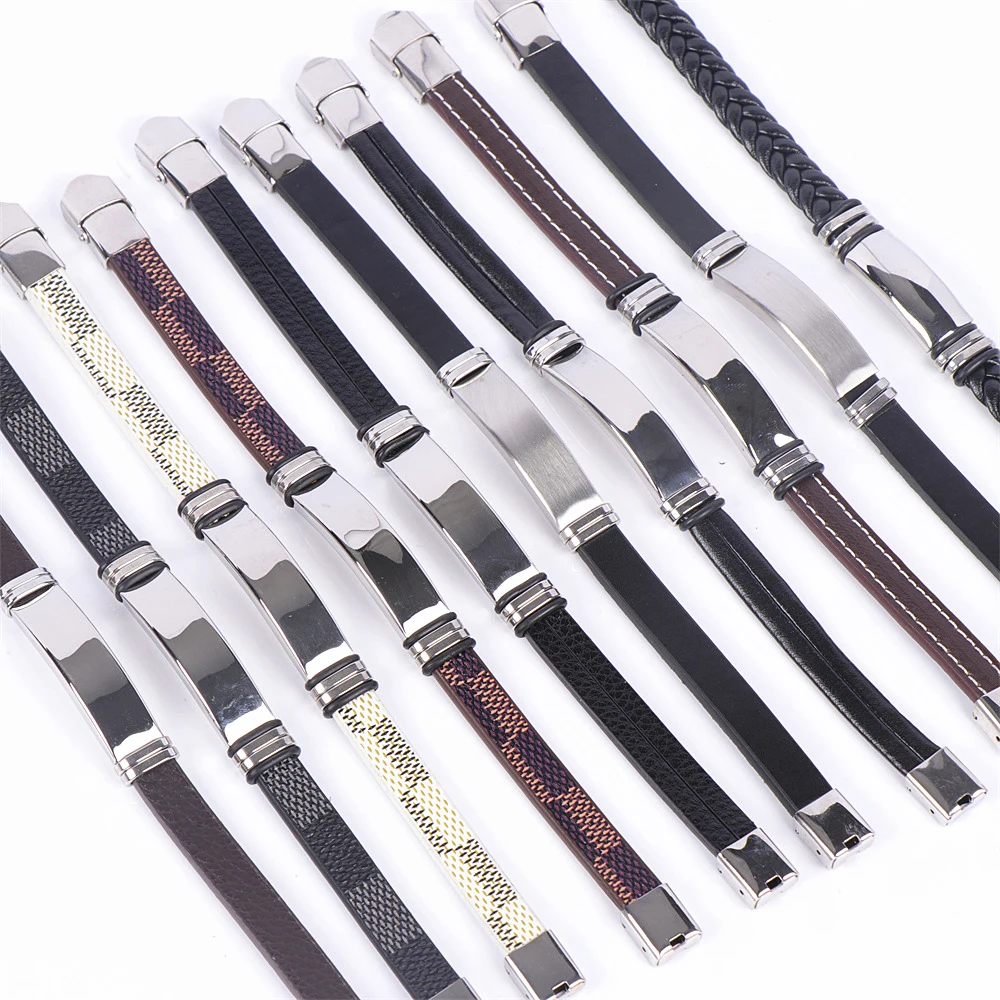 10Pcs Different Styles Men's Smooth Stainless Steel Leather Bracelets Bangles For Men Mix Style Fashion Jewelry