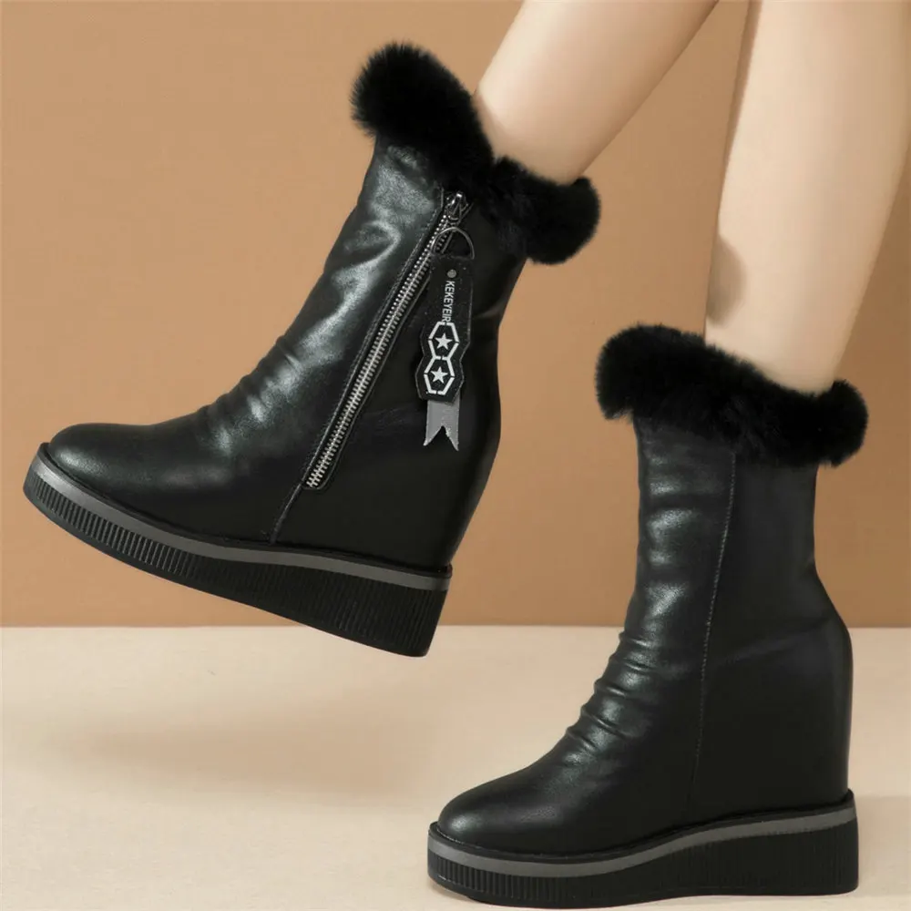 

2024 Pumps Shoes Women Genuine Leather Wedges High Heel Ankle Boots Female Winter Warm Rabbit Fur Fashion Sneakers Casual Shoes