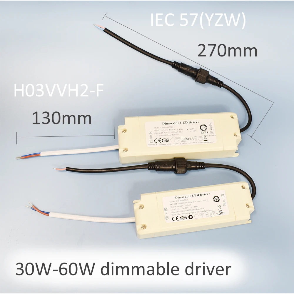 220V Dimmable Driver Commercial Home LED Transformer 10W to 60W Power Adaptor EU Standard Compatible Most Dimmers Wire Connected