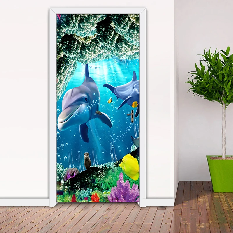 Dolphin Seascape 3D Door Stickers Home Decor Modern Kids Room Bedroom Door Decoration Sticker Wall Mural Wallpaper Waterproof