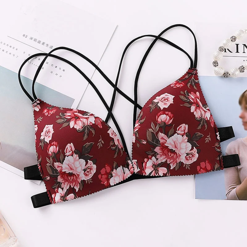 Women Flower Printed Bras Cross Beauty Back Front Buckle Wireless Bralette Female Fashion Sexy Lingerie Comfort Push Up Bras 1pc