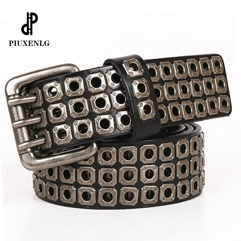 PIUXENLG Designer Men's Punk Belt Heavy Metal Unisex Leather Belt Men's Cross Studded Jeans Belt High Quality Trend luxury Belt