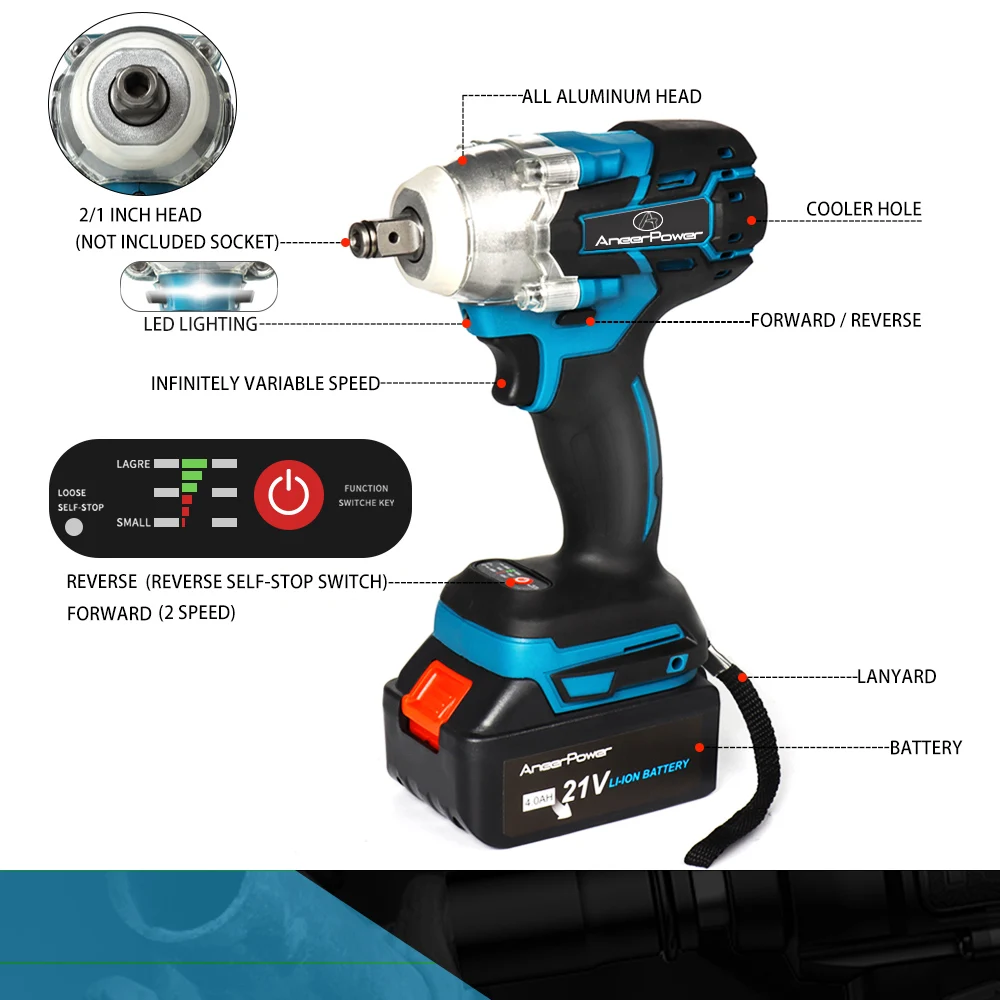 Cordless Impact Wrench 21V Brushless Electric 350N.m Rechargeable 1/2 Inch Drill Power Tools Compatible With Makita 18V Battery