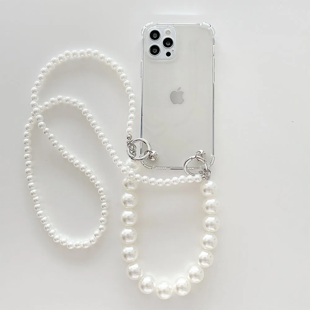 Wrist Chain Case for iPhone 15 14 13Pro 7 8Plus SE XR XS Shockproof Clear Cases Pearl Bracelets Chain Hanging Case for iPhone 11