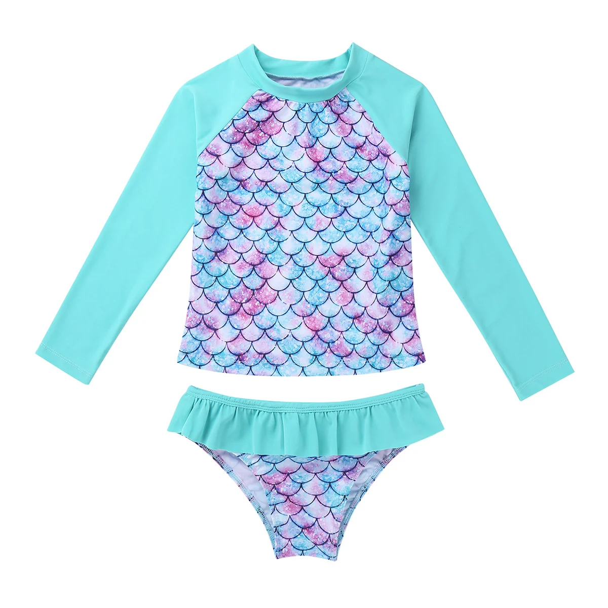 キッズガールズタンキニセット長袖ラッシュガード水着水着水着水着水着セット魚の鱗プリントトップス