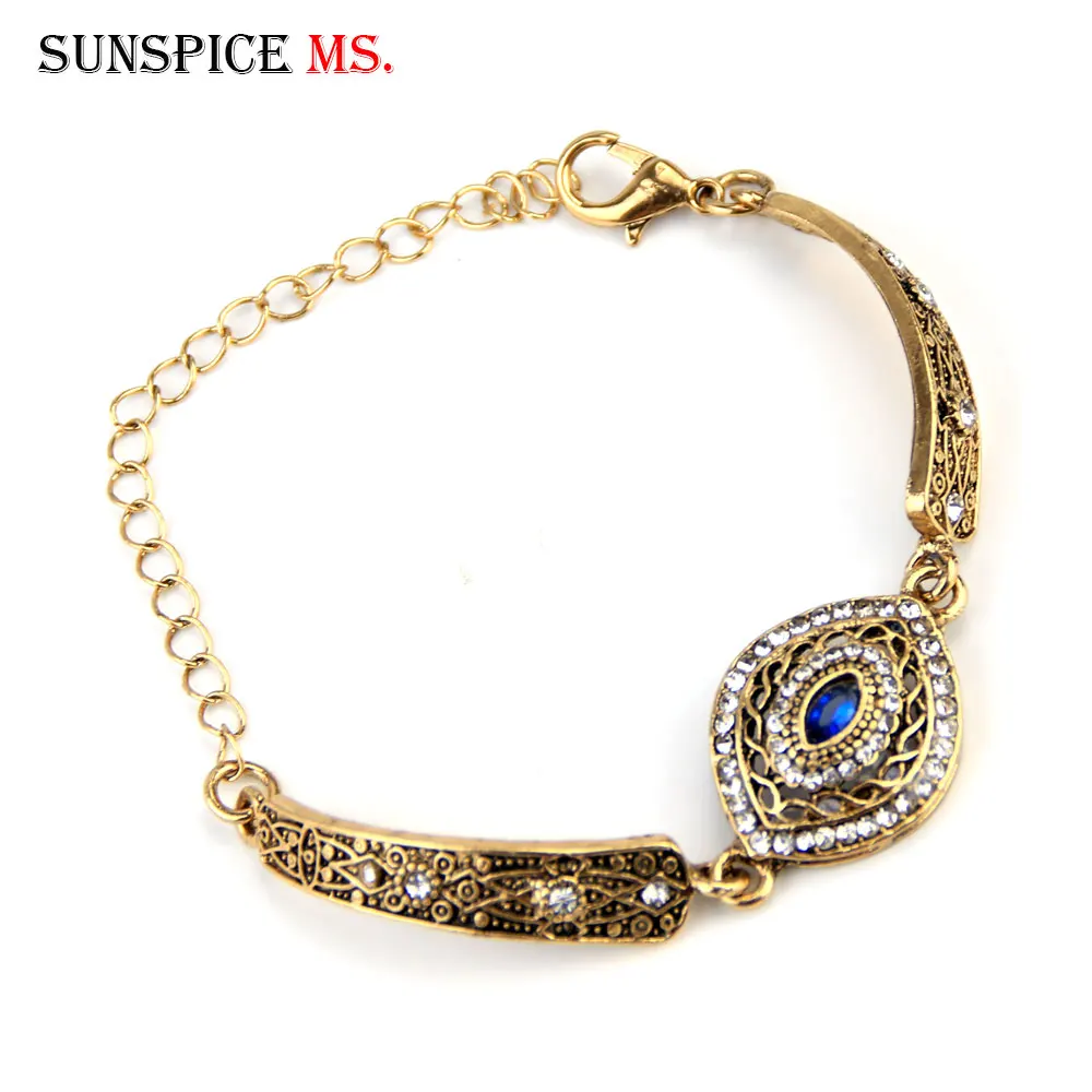 Sunspicems Retro Bohemia Cuff Bracelet for Women Antique Gold Silver Color Crystal Link Chain Casual Jewelry Indian Bride Gift