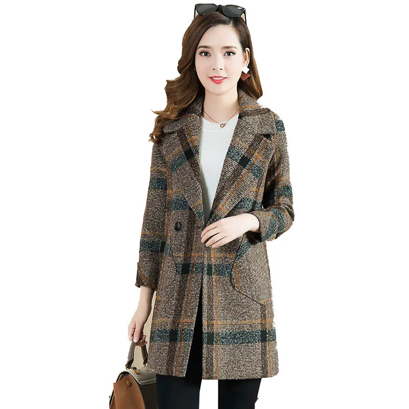 

Middle Aged Women Lattice Overcoat Mid-Long Spring Korean Suit Collar Coats Spring&Fall Clothes Lady Straight Loose Woolen Coat