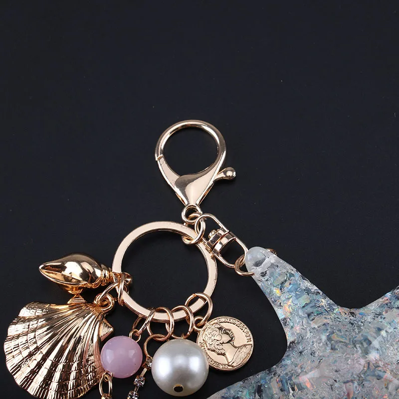 New Fantasy Cartoon Sea World Pearl Shell Starfish Keychain Pentagram Crystal Key chain Ladies Bag Car Key Alloy Pendant Jewelry