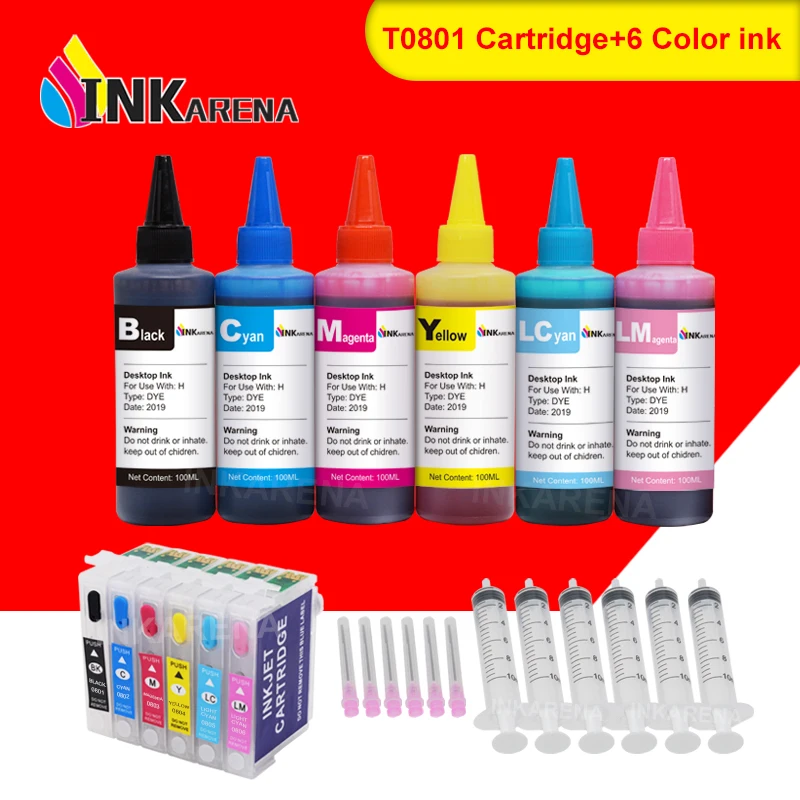 INKARENA T0801 Refillable Ink Cartridges Compatible For Epson Stylus 730WD 800FW 810W 820FWD 830FWD TX659 + 6×100ml Printer Ink