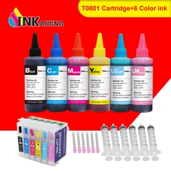 INKARENA T0801 Refillable Ink Cartridges Compatible For Epson Stylus 730WD 800FW 810W 820FWD 830FWD TX659 + 6×100ml Printer Ink