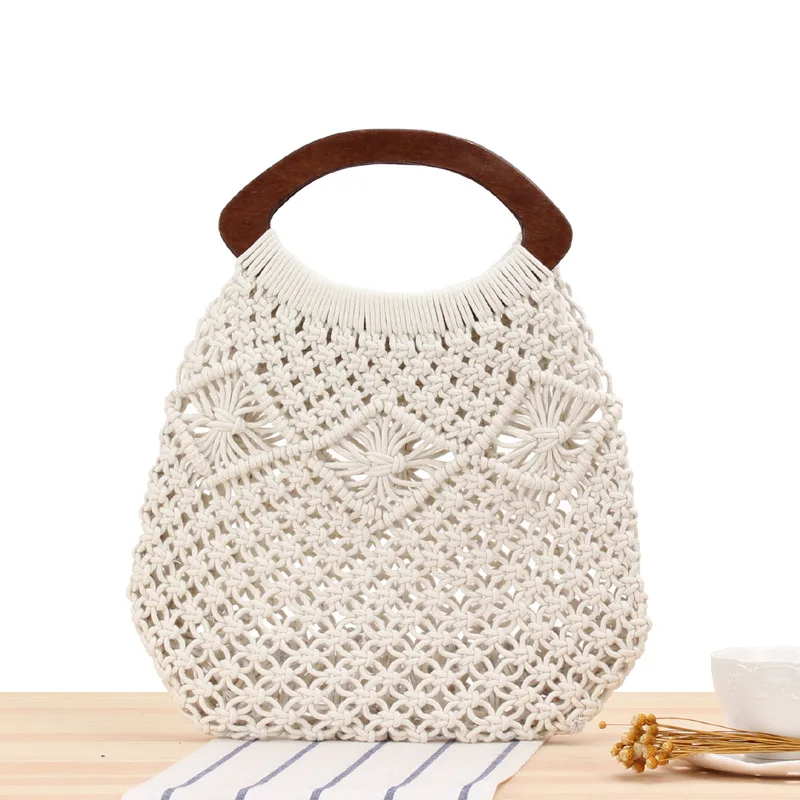 32x40CM New Handmade Cotton Rope Net Pocket Woven Bag Handbag Trend Female Natural Style Hollow Straw Vacation Beach Bag a7156