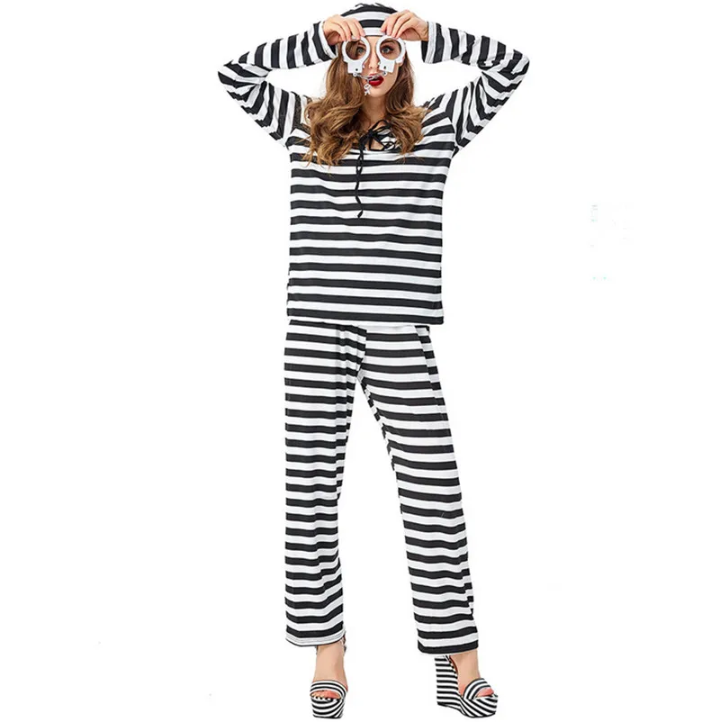 Halloween Costumes Adult Women Men Costume Purim Black White Stripe Cosplay Prisoner Cos Costume Clothing Hat + handcuffs