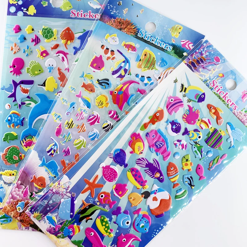 Random 3 Sheets/Set Marine Life Sea Fish Shark 3D Puffy Bubble Stickers Cartoon DIY Scrapbook Sticker For Kids Boy Girl Toy Gift