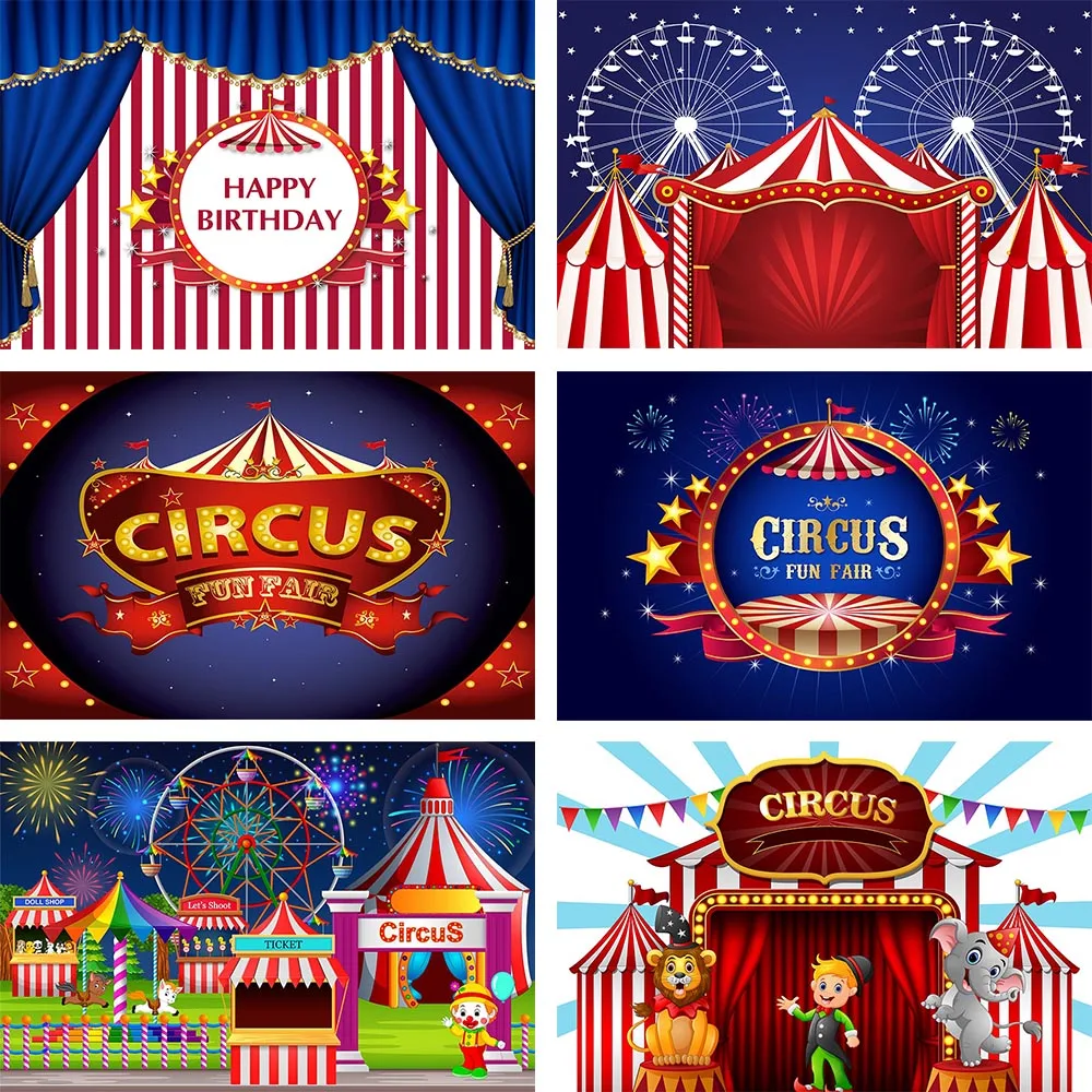 Avezano Birthday Party Photography Backdrops Circus Fiesta Theme Elephant Lion Clown Red Curtain Stage Backgrounds Banner Decor