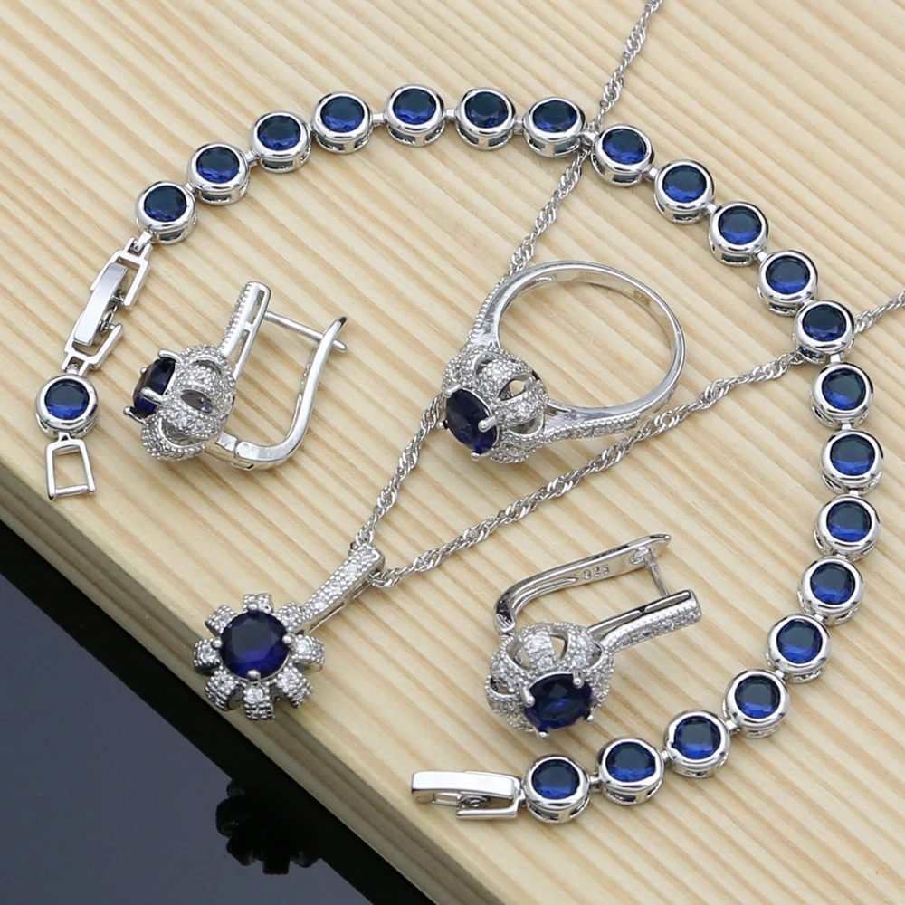 Blue Cubic Zirconia 925 Sterling Silver Bridal Jewelry Sets Docoration Women Wedding Earrings Rings Dropshipping Necklace Set