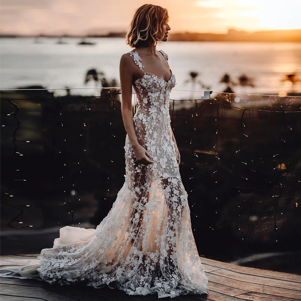 Robe de mariée transparente avec appliques 3D, col en V, dentelle dos nu, gaine sur mesure, grande taille, patients floraux brodés, quoi que ce soit, luxe