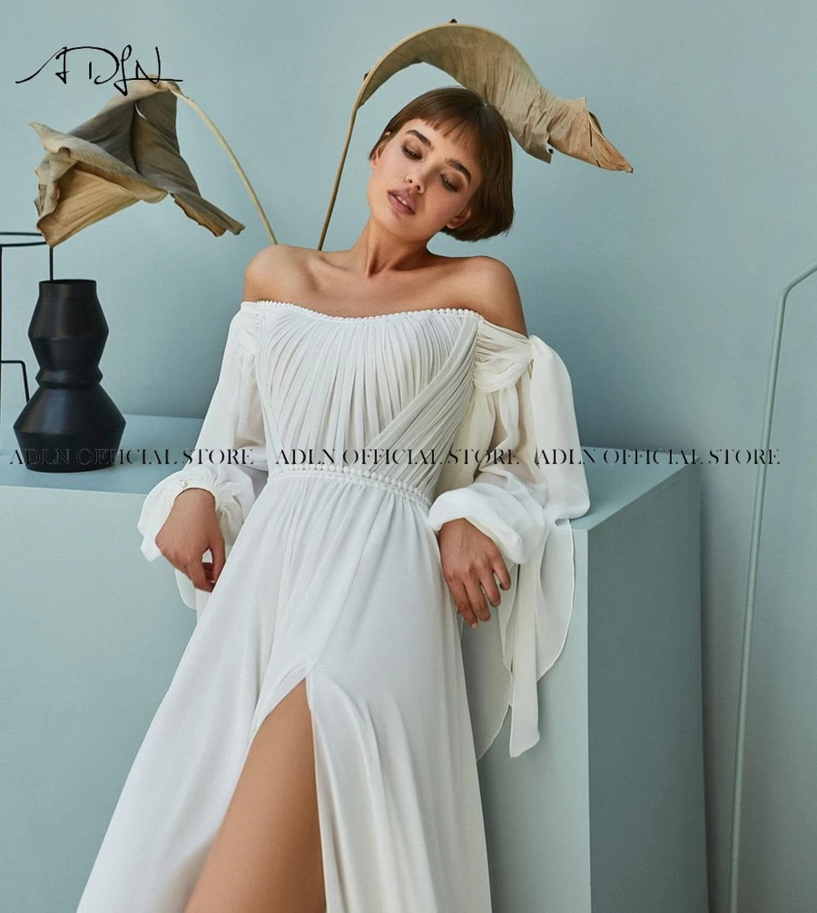 ADLN Off-the-shoulder Chiffon Beach Wedding Dresses with Slit Long Sleeves Boho Bridal Dress White/Ivory Wedding Gowns Plus Size