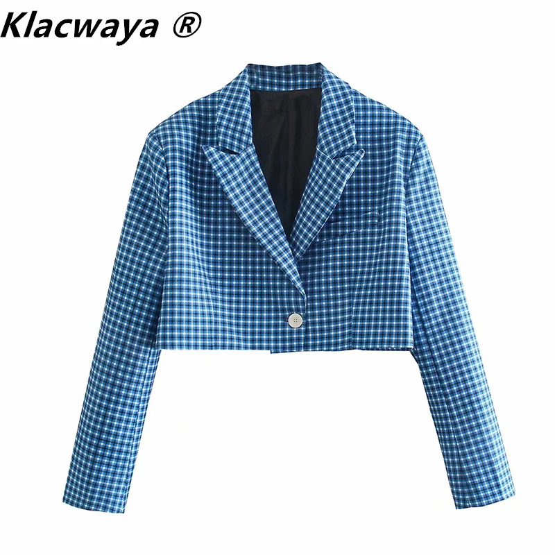 

Klacwaya Women 2021 Fashion Single Button Cropped Checked Blazer Coat Vintage Long Sleeve Female Outerwear Chic Veste Femme