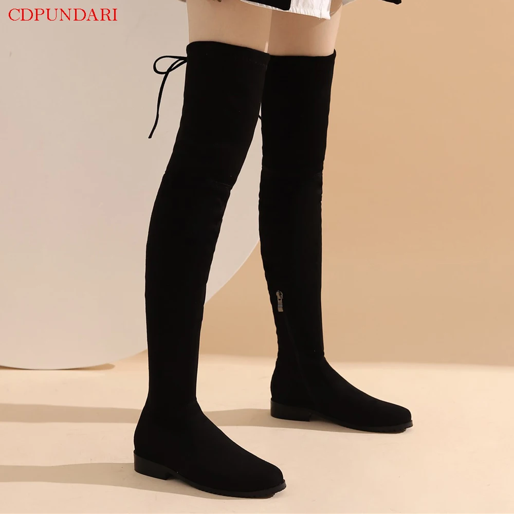 Black Low Heels Over The Knee Boots Women Thigh High Boots Ladies Round Toe Spring AutumnLong Boots Botas Invierno Mujer