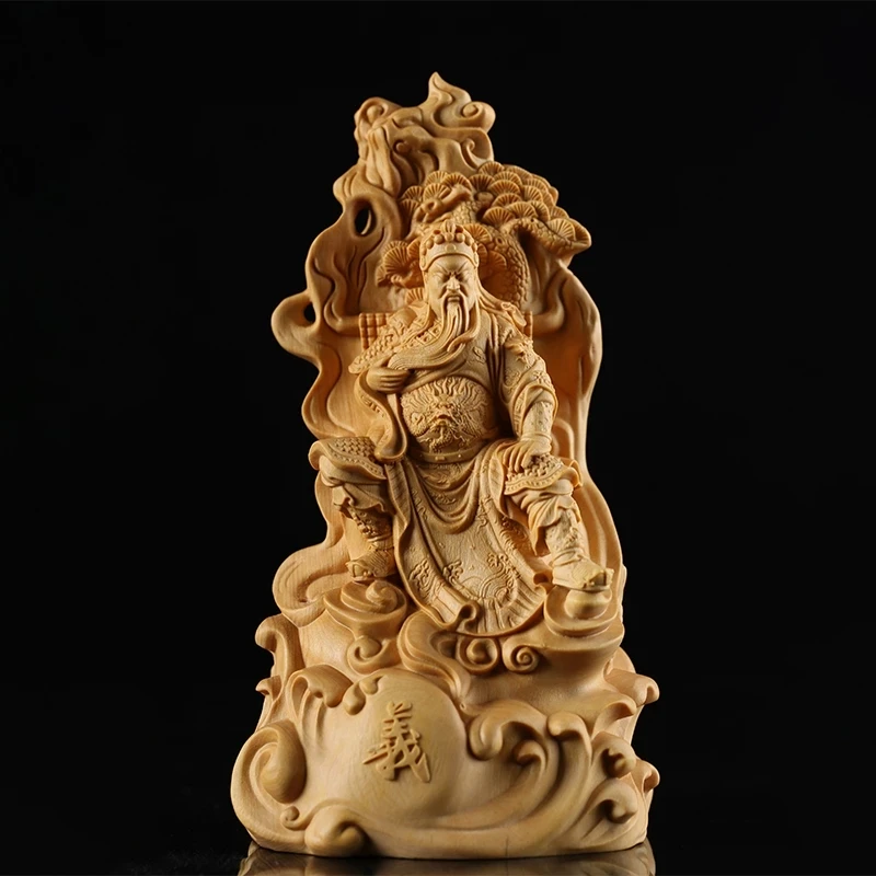 

15/30cm Guan Gong Figure Solid Wood Figurines Home Decoration Guanyu Sits Under Pine Tree Feng Shui Town House Collection