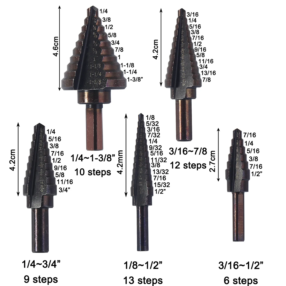 Forets en HSS 4241 avec cobalt pour bois et métal, multiples diamètres, jeu d'outils coniques étagés pour perceuse, avec boîtier en aluminium, 50 tailles de trous