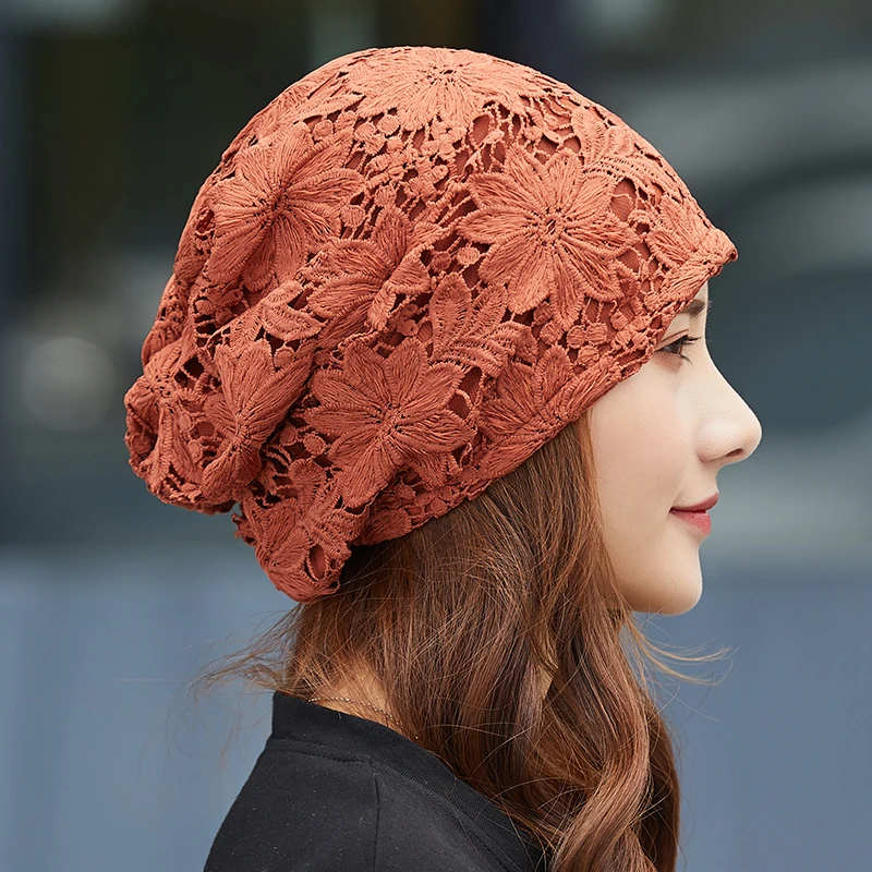 Women hats spring summer thin bonnets for women designer lace flower skullies headscarf hat autumn latest turban beanies fashion