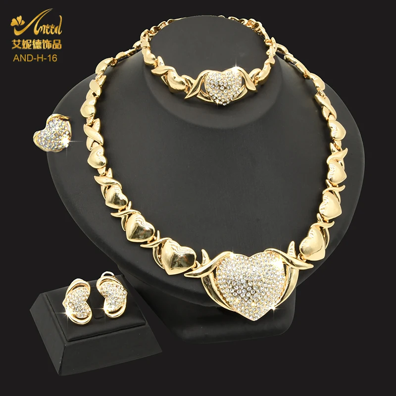 ANIID Dubai Gold Color Jewelry Necklace Set Wedding Bride Women Nigerian XOXO Heart Crystal Bracelets And Earrings Ring