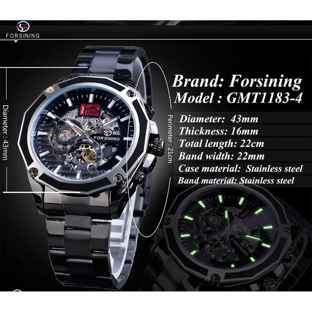 Forsining-Reloj de pulsera para hombre, accesorio masculino de acero negro Steampunk, con esqueleto militar, automático, mecánico